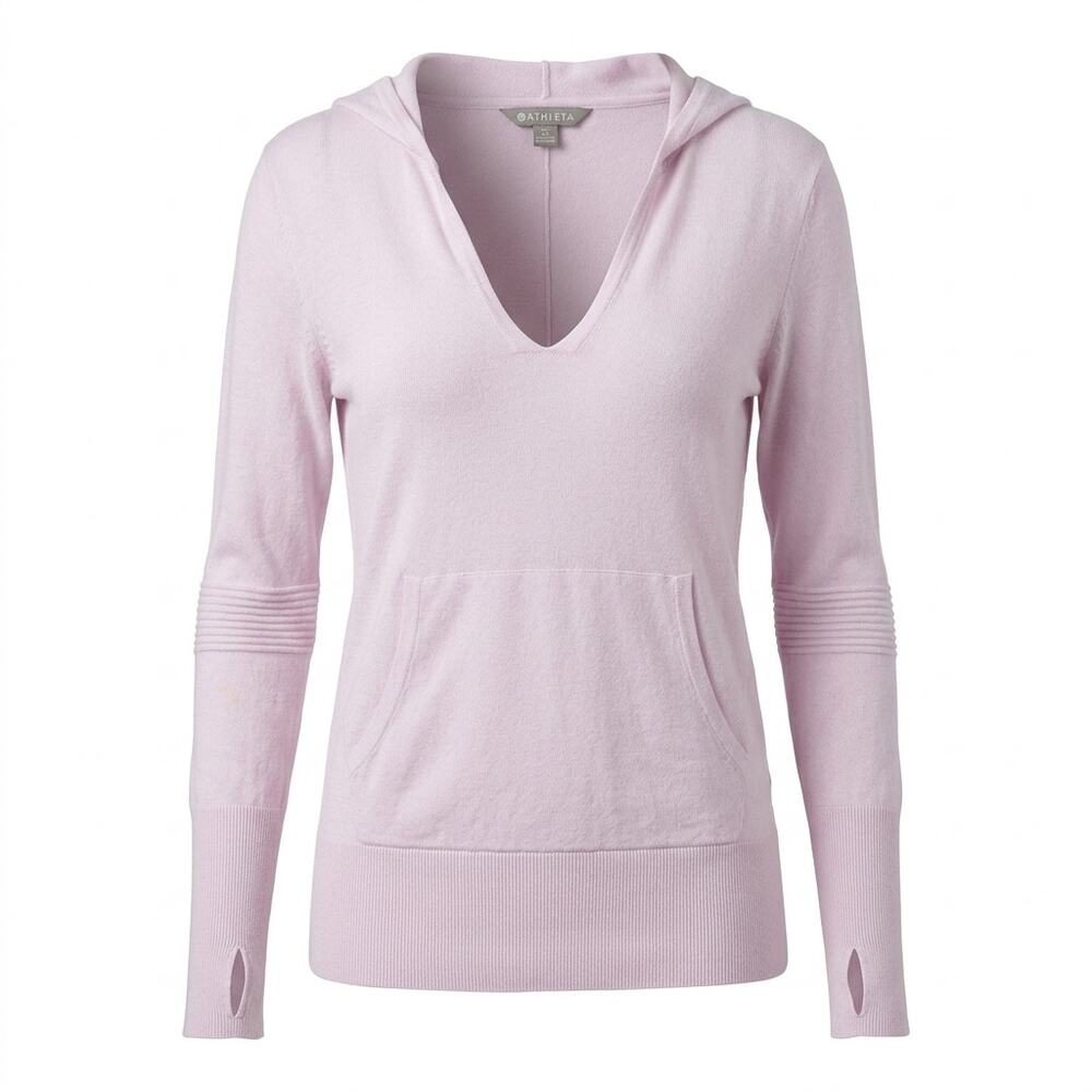 Athleta Silk Blend Pink V-Neck Hooded Knit Hoodie Sweatshirt Women Size XS